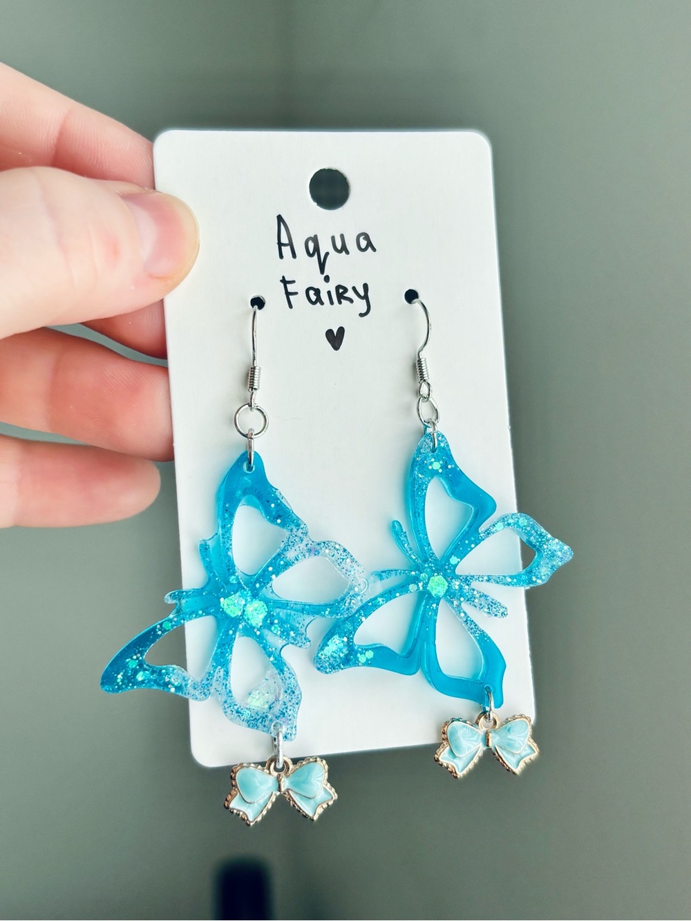 Aqua Fairy Resin Butterfly Earrings Blue Glitter Bow Dangle Jewelry